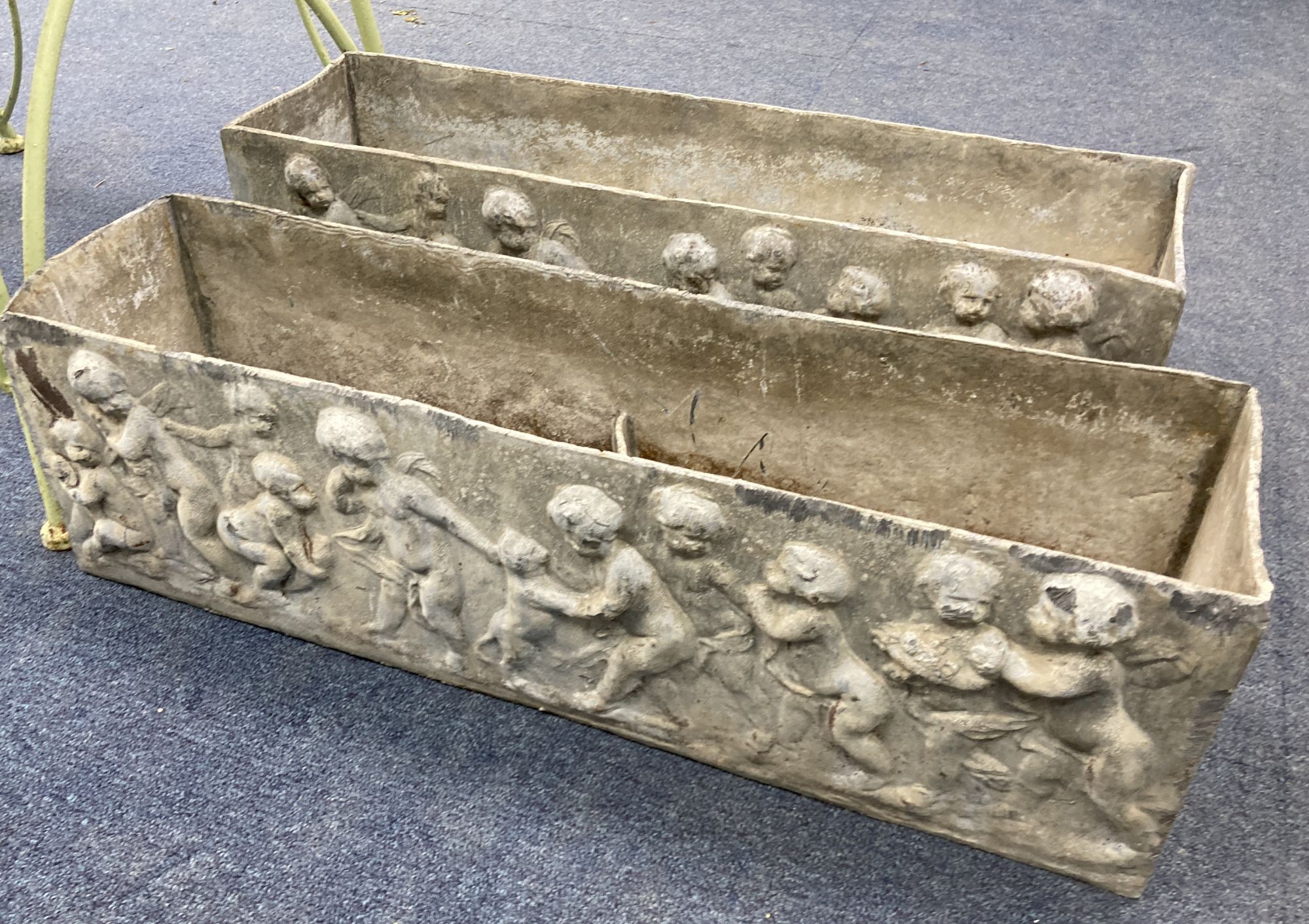 A pair of rectangular lead garden planters, width 68cm, depth 18cm, height 20cm